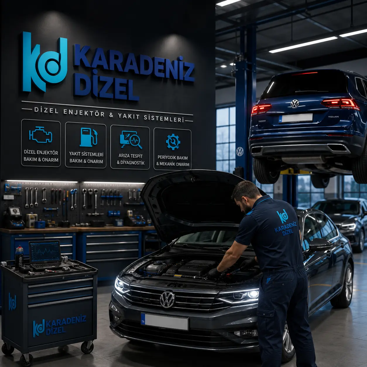 Karadeniz Dizel Oto Servis teknisyeni Volkswagen araca müdahale ederken